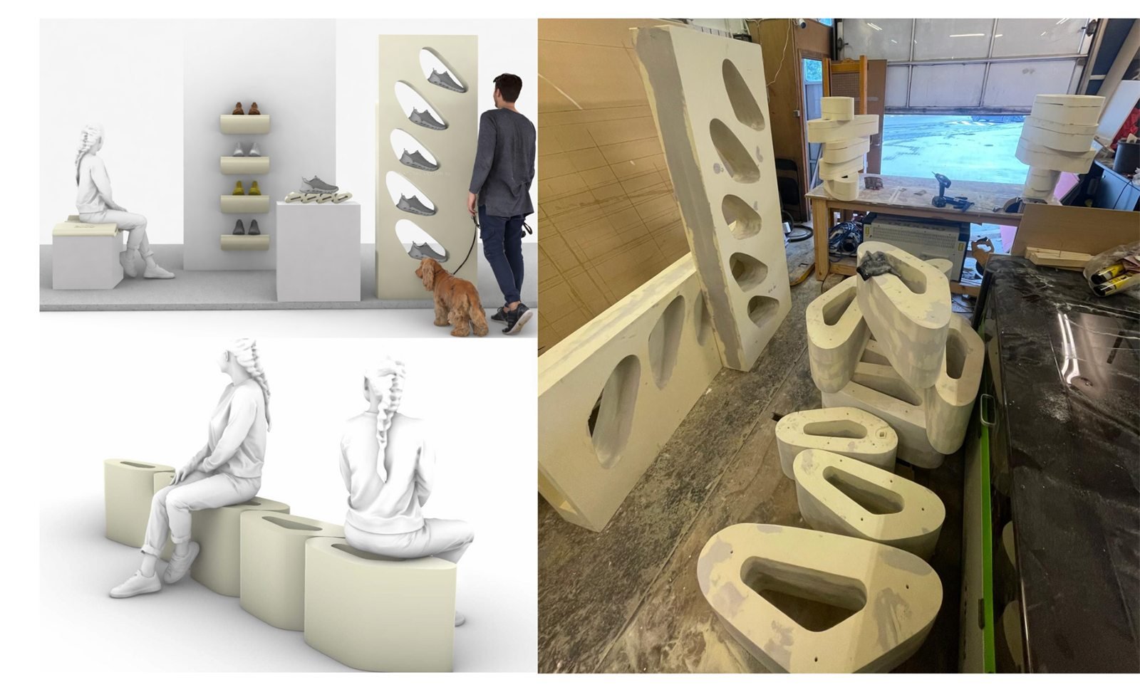 ECCO retail display renders next to the prototype parts made in the workshop