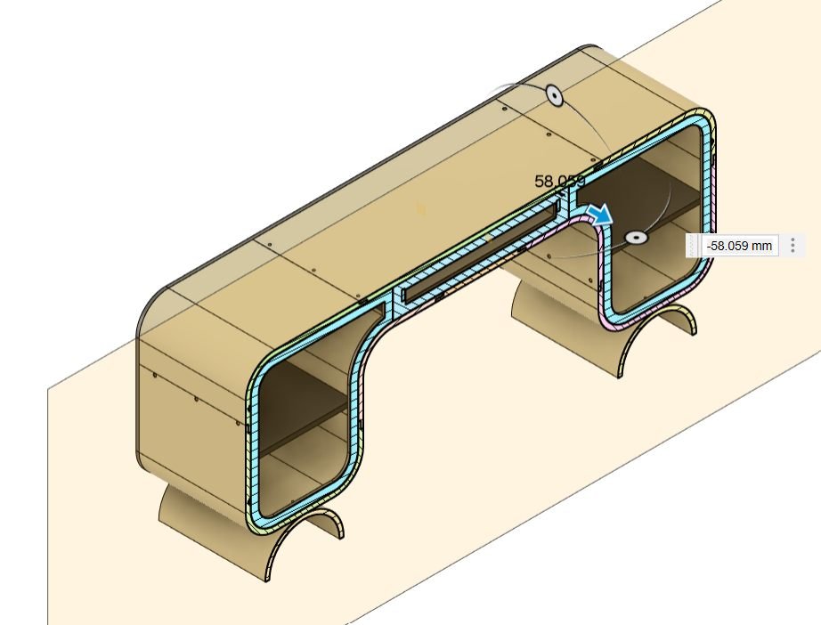 CAD model of a curved plywood sideboard with a section cut