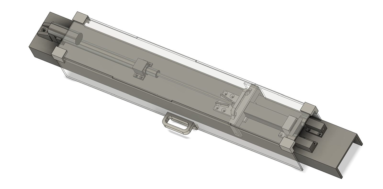 CAD assembly of a linear mechanism inside a clear housing
