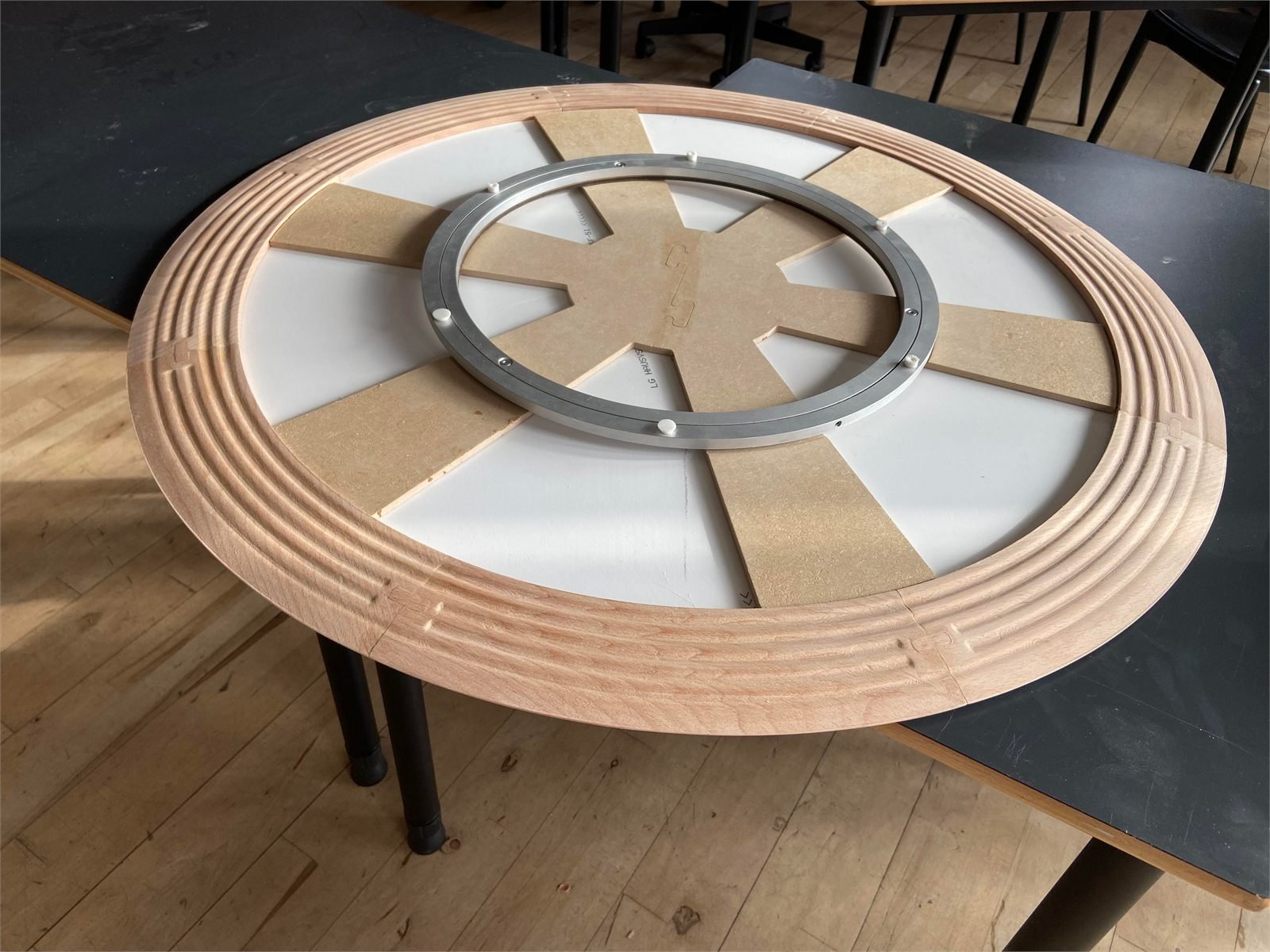 Round turntable prototype built from machined wood and laser cut parts