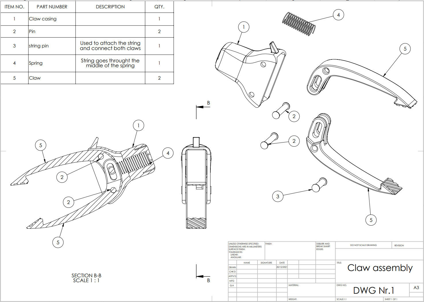 Dimensioned technical drawing of a claw assembly
